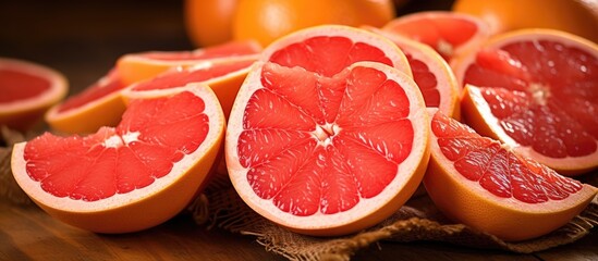 Wall Mural - Fresh red grapefruit segments, on a table, close-up.