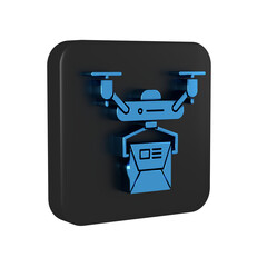Poster - Blue Drone delivery concept icon isolated on transparent background. Quadrocopter carrying a package. Transportation, logistic concept. Black square button.