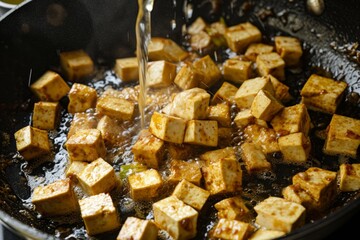 Sticker - A pan filled with cubed fried tofu, being rinsed with water.