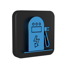 Poster - Blue Electric car charging station icon isolated on transparent background. Eco electric fuel pump sign. Black square button.