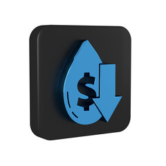 Poster - Blue Drop in crude oil price icon isolated on transparent background. Oil industry crisis concept. Black square button.