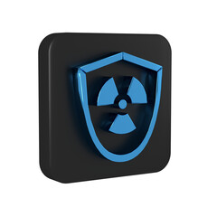 Blue Radioactive in shield icon isolated on transparent background. Radioactive toxic symbol. Radiation Hazard sign. Black square button.