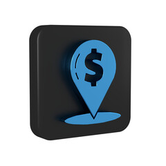 Canvas Print - Blue Cash location pin icon isolated on transparent background. Pointer and dollar symbol. Money location. Business and investment concept. Black square button.