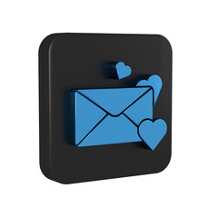 Poster - Blue Envelope with Valentine heart icon isolated on transparent background. Message love. Letter love and romance. Black square button.