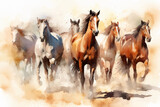 Fototapeta  - A herd of white and brown horses galloping, Watercolor Painting