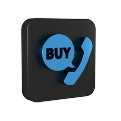 Canvas Print - Blue Phone and speech bubble with text Buy icon isolated on transparent background. Online buying symbol. Supermarket basket symbol. Black square button.