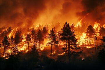 Poster - A forest fire burns bright orange in the background, engulfing trees.