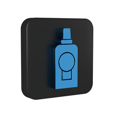 Poster - Blue Mouthwash plastic bottle icon isolated on transparent background. Liquid for rinsing mouth. Oralcare equipment. Black square button.