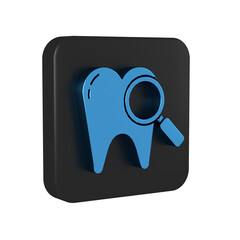 Sticker - Blue Dental search icon isolated on transparent background. Tooth symbol for dentistry clinic or dentist medical center. Black square button.