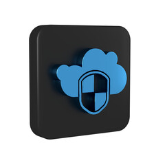 Sticker - Blue Cloud and shield icon isolated on transparent background. Cloud storage data protection. Security, safety, protection, privacy concept. Black square button.