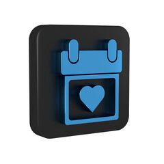 Wall Mural - Blue Calendar with heart icon isolated on transparent background. Valentines day. Love symbol. February 14. Black square button.