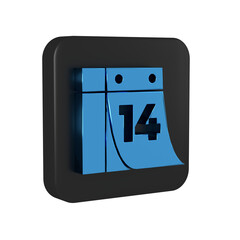 Poster - Blue Calendar with February 14 icon isolated on transparent background. Valentines day. Love symbol. Black square button.