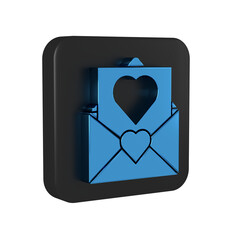Poster - Blue Envelope with Valentine heart icon isolated on transparent background. Message love. Letter love and romance. Black square button.