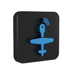 Sticker - Blue UAV Drone icon isolated on transparent background. Military Unmanned aircraft spy. Black square button.