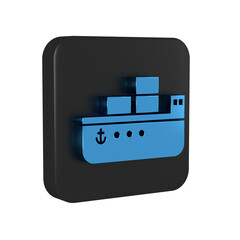 Canvas Print - Blue Oil tanker ship icon isolated on transparent background. Black square button.