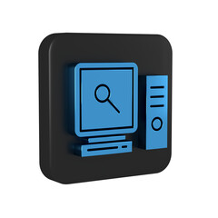 Sticker - Blue Search on computer screen icon isolated on transparent background. Screen and magnifying glass. Black square button.