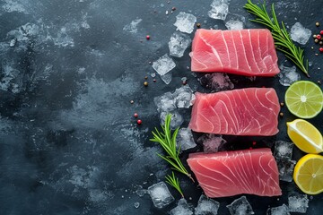 Sticker - A close-up of raw salmon pieces and ice cubes on a black surface. top view, background