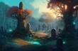 Colorful fantasy graveyard. Vibrant surrealistic memorial cemetery tombstones. Generate ai