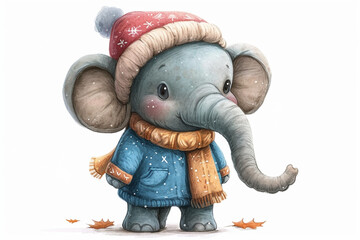 Wall Mural - cartoon elephant wearing winter clothes