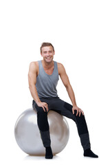 Wall Mural - Smile, fitness and medicine ball with portrait of man in studio for exercise, yoga and aerobics workout. Health, gym and pilates with person on white background for wellness, commitment and vitality