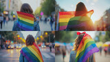 Fototapeta Tęcza - Rear view of woman with a rainbow flag, LGBT concept. protest. City.