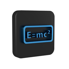 Canvas Print - Blue Math system of equation solution icon isolated on transparent background. E equals mc squared equation on computer screen. Black square button.