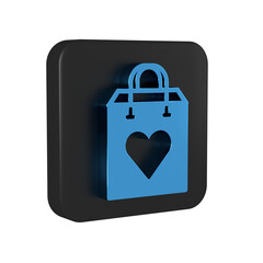 Poster - Blue Shopping bag with heart icon isolated on transparent background. Shopping bag shop love like heart icon. Valentines day symbol. Black square button.