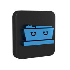 Wall Mural - Blue Open coffin with dead deceased body icon isolated on transparent background. Funeral after death. Corpse in an open hearse for burial. Black square button.