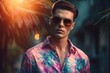Fashion male model with sunglasses wearing colorful shirt. Masculine charming leisure summertime holiday. Generate ai