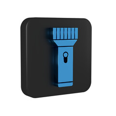 Sticker - Blue Flashlight for diver icon isolated on transparent background. Diving underwater equipment. Black square button.