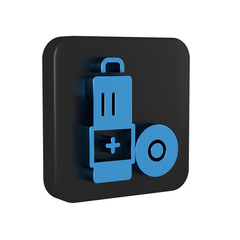 Sticker - Blue Battery icon isolated on transparent background. Lightning bolt symbol. Black square button.