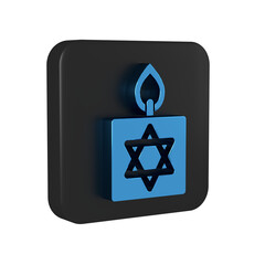 Sticker - Blue Burning candle in candlestick with star of david icon isolated on transparent background. Cylindrical candle stick with burning flame. Black square button.