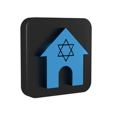 Wall Mural - Blue Jewish synagogue building or jewish temple icon isolated on transparent background. Hebrew or judaism construction with David star. Black square button.