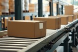 Fototapeta Przestrzenne - A cardboard box on a conveyor belt in a large warehouse.