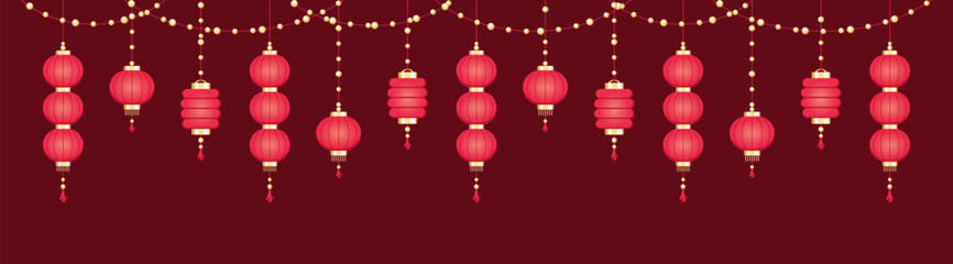 Poster - Hanging Chinese Lanterns Banner Border, Lunar New Year and Mid-Autumn Festival Graphic