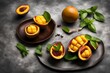 A dreamy composition of a passion fruit mango sorbet, served in a hollowed-out passion fruit shell and garnished with mint leaves.