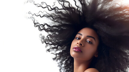 Wall Mural - beautiful black young female model shaking her beautiful afro hair in motion. ad for shampoo conditioner hair products. isolated on white background.