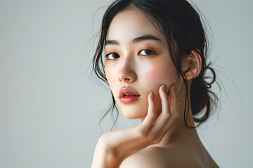 Studio portrait of a beautiful young Asian woman with cosmetics makeup or skin care on her face that makes her look pretty isolated on clean studio background.