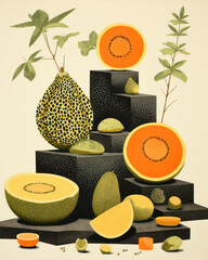 Wall Mural - Juicy Melon Slices: A Refreshing Burst of Summer's Sweetness on a Wooden Table.