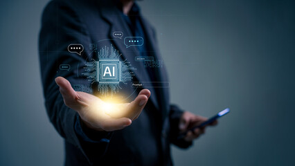 Aufkleber - Businessman shows virtual graphic Global Internet connect Chatbots using AI, Artificial Intelligence. using command prompt to generate something, Futuristic technology revolution