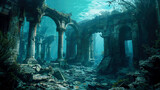 Fototapeta  - Ruins of ancient city sunk at bottom of sea. Atlantis like sunken city, sunlight filters through water, illuminating underwater world with submerged structures.