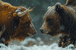 Bull facing a bear stock market illustration. 