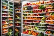 A well-stocked refrigerator with colorful fruits and vegetables neatly arranged on the shelves.