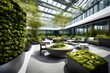 A serene rooftop garden in an office building, providing a peaceful retreat for employees.