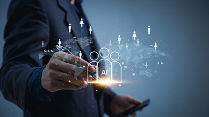 Aufkleber - For Customer Relationship Management, global structure customer network, businessmen use artificial intelligence (AI) analysis. Customer service, social networking, and online digital marketing