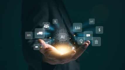 Leinwandbilder - a businessman uses online customer data exchange and analysis with a chat bot. Artificial intelligence and CRM software technology, a customer service centre