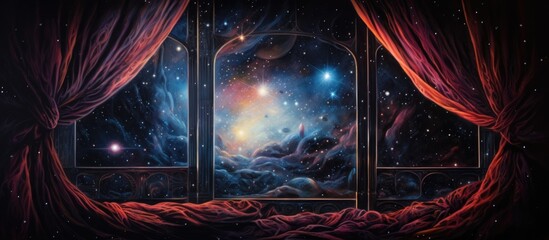 Poster - Looking out through venetian curtains, an abstract cosmic scene unfolds, conveying an astronomy-based concept.