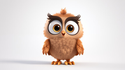 Sticker - 3d cartoon cute brown owl standing on white background