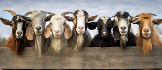 Wall Mural - Goats with various markings and at least one prominent horn eagerly poke their heads through a fence, likely anticipating food or attention from visitors.