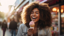 Summer Concert. Glad Positive Woman Holds Tasty Frozen Ice Cream, Enjoy Eating Delicious Cold Dessert, Poses On Background, Feels Happy.